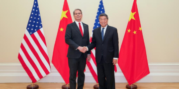 Chinese Vice Premier He Lifeng, also a member of the Political Bureau of the Communist Party of China Central Committee, shakes hands with U.S. Treasury Secretary Scott Bessent prior to their talks in Paris, France, March 15, 2026. The Chinese and U.S. delegations convened on Sunday and Monday for talks on economic and trade issues in Paris. (Xinhua/Peng Ziyang)