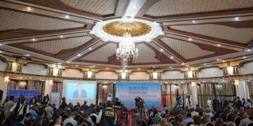 Fu Hua, president of Xinhua News Agency, delivers a video address at the opening ceremony of the China-Democratic Republic of the Congo (DRC) Media Forum, in Kinshasa, the DRC, on March 18, 2026. The China-DRC Media Forum was held on Wednesday in Kinshasa, the DRC capital. (Xinhua/Yang Guang)